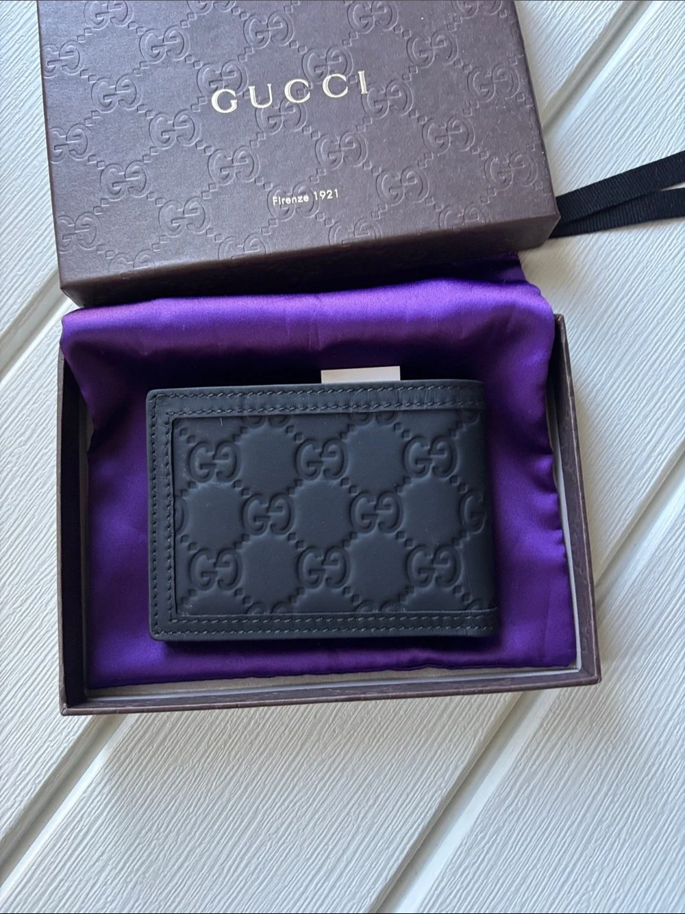 Gucci Black Embossed GG Leather Bi-Fold Wallet with Green-Red Web